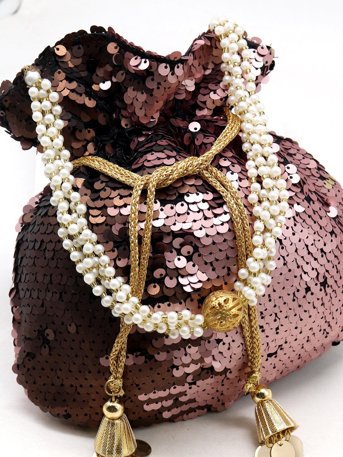 Odette Women Brown And Copper Acrylic & Fabric Potli Handbag - Image 5