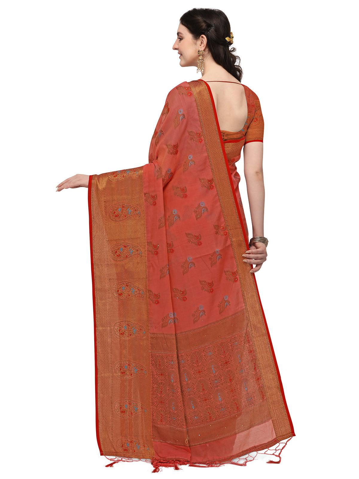 Odette Women Chilly Red Colour Banarasi Silk Madhubani Work Saree With Unstitched Blouse - Image 2
