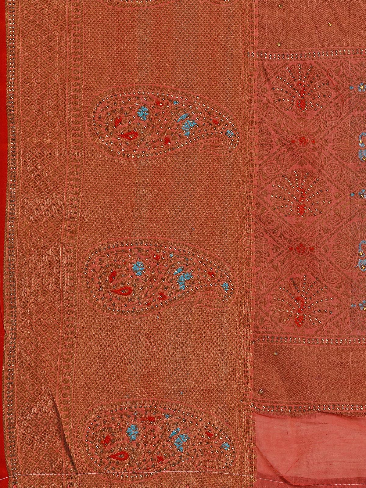 Odette Women Chilly Red Colour Banarasi Silk Madhubani Work Saree With Unstitched Blouse - Image 4