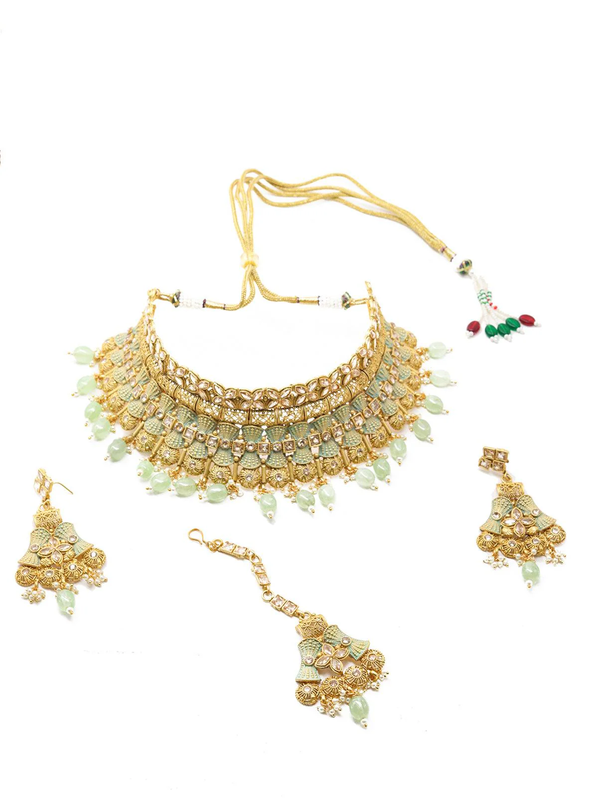 Odette Women Crafted Heavy Olive Green Mani Gold Tone Choker Set! - Image 3