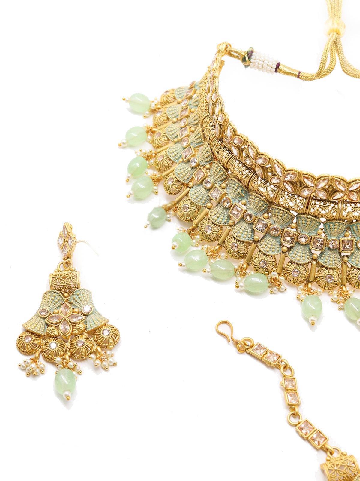 Odette Women Crafted Heavy Olive Green Mani Gold Tone Choker Set! - Image 6