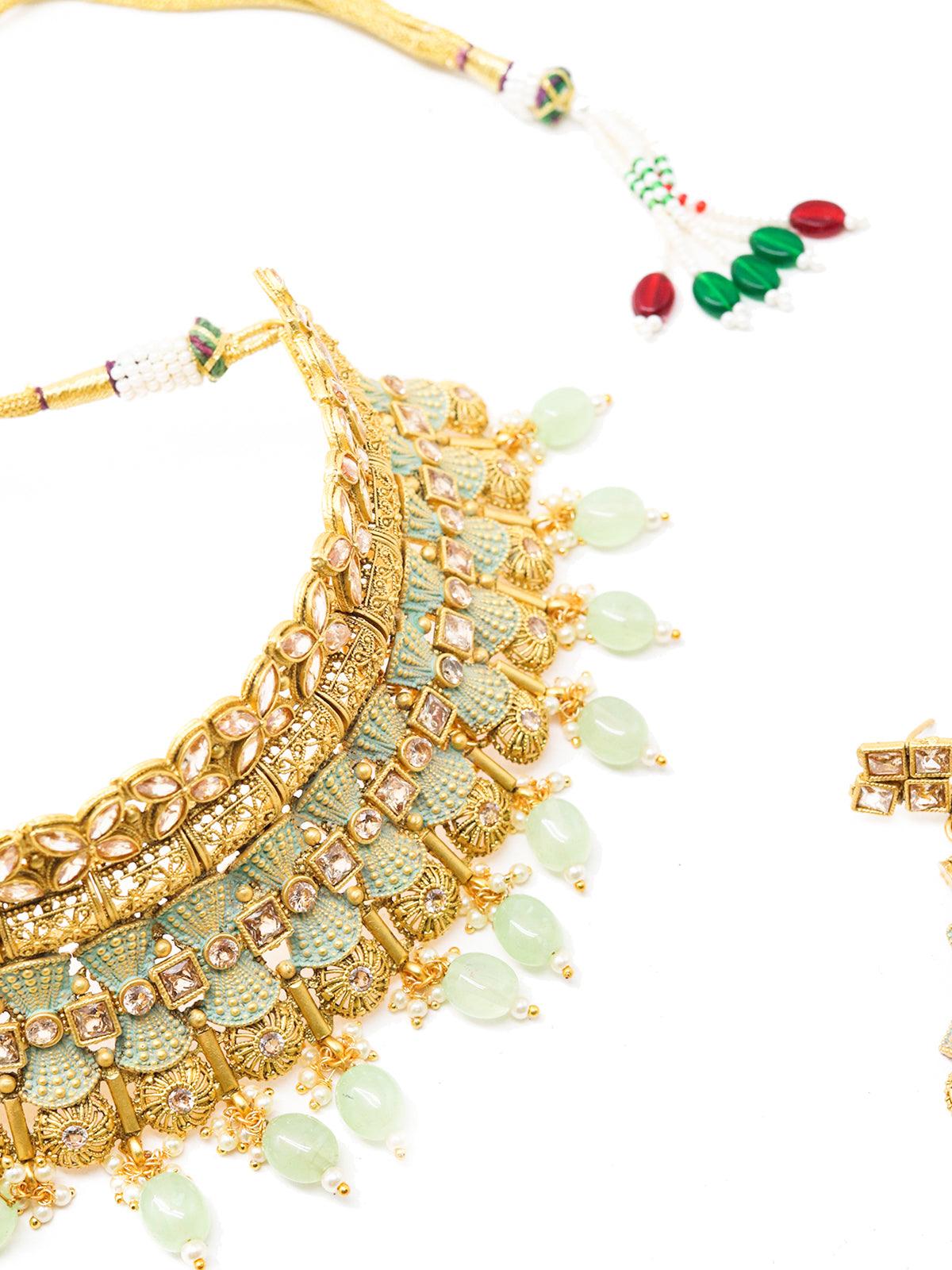 Odette Women Crafted Heavy Olive Green Mani Gold Tone Choker Set! - Image 7