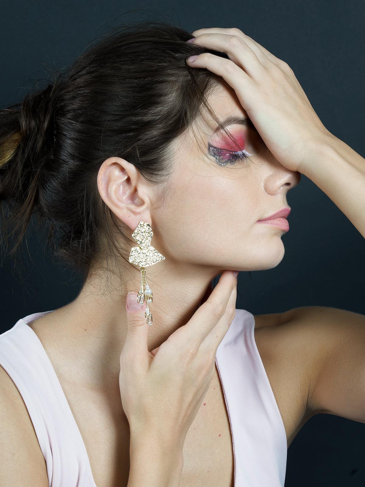 Odette Women Cragged Gold Tone Dangle Earrings - Image 2