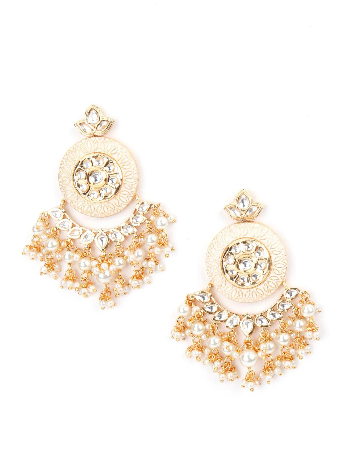 Odette Women Cream Enamelled Kundan-Pearl Chandbali Earrings! - Image 3