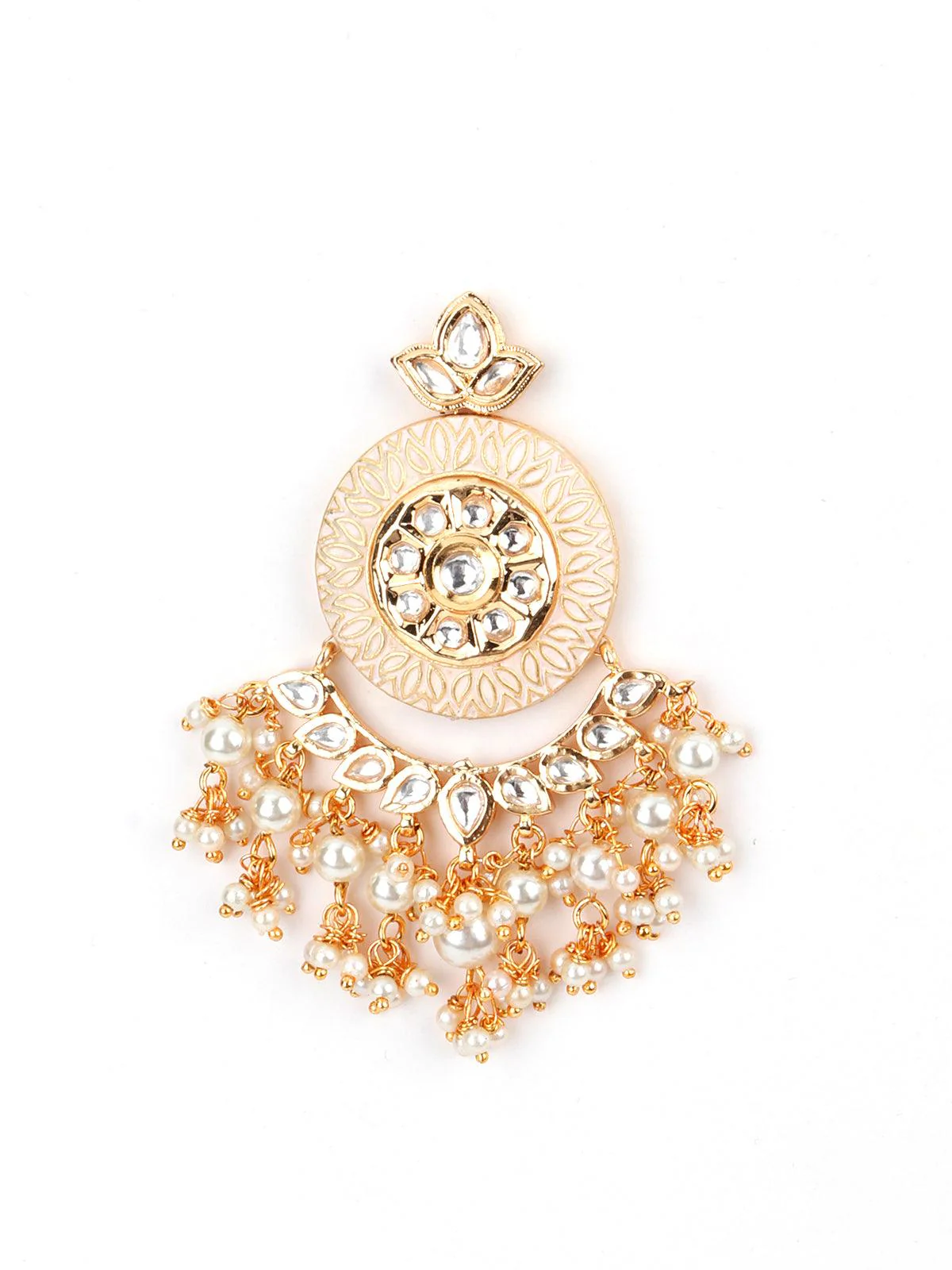 Odette Women Cream Enamelled Kundan-Pearl Chandbali Earrings! - Image 4