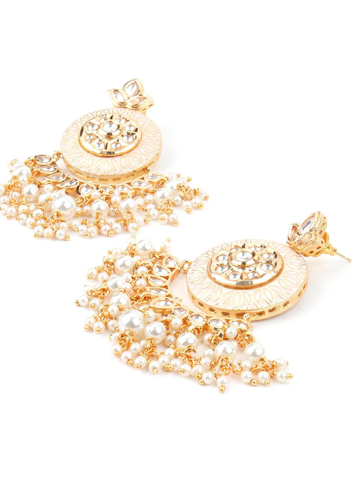 Odette Women Cream Enamelled Kundan-Pearl Chandbali Earrings! - Image 5