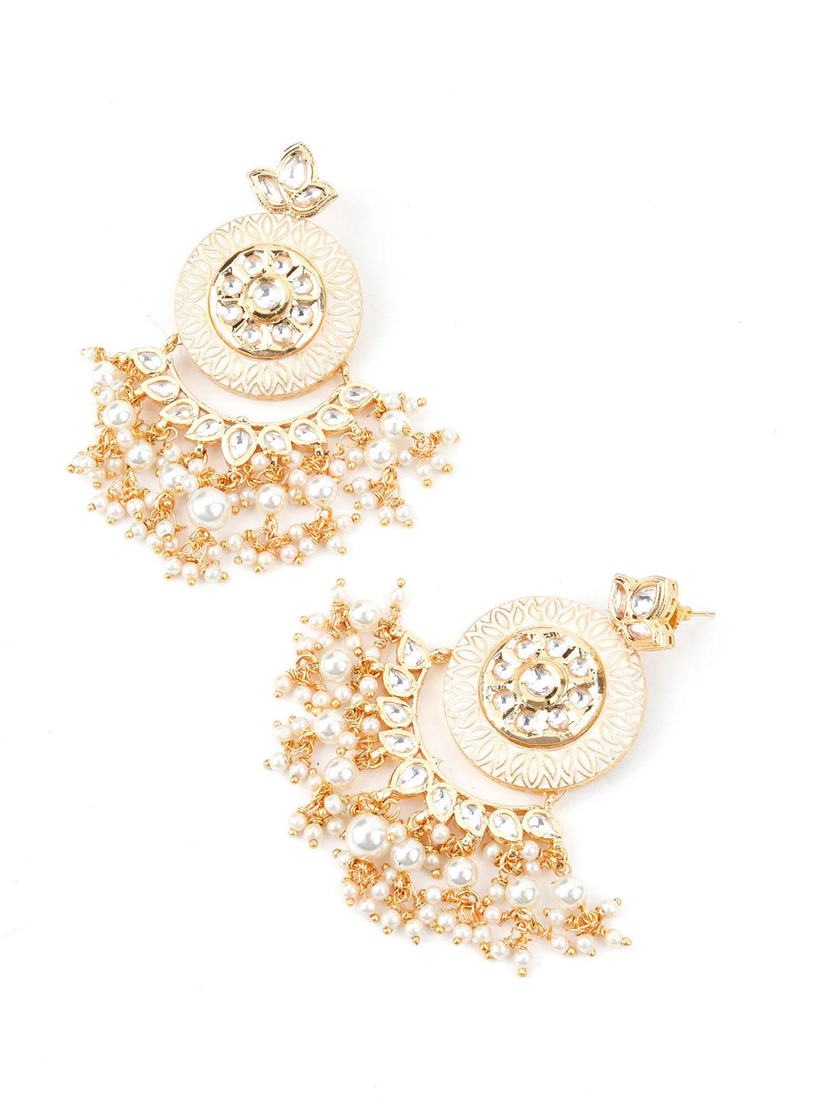 Odette Women Cream Enamelled Kundan-Pearl Chandbali Earrings! - Image 6