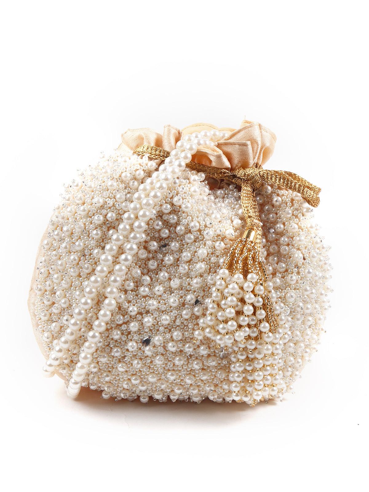 Odette Women Delightful Beige Pearl Potli - Image 3