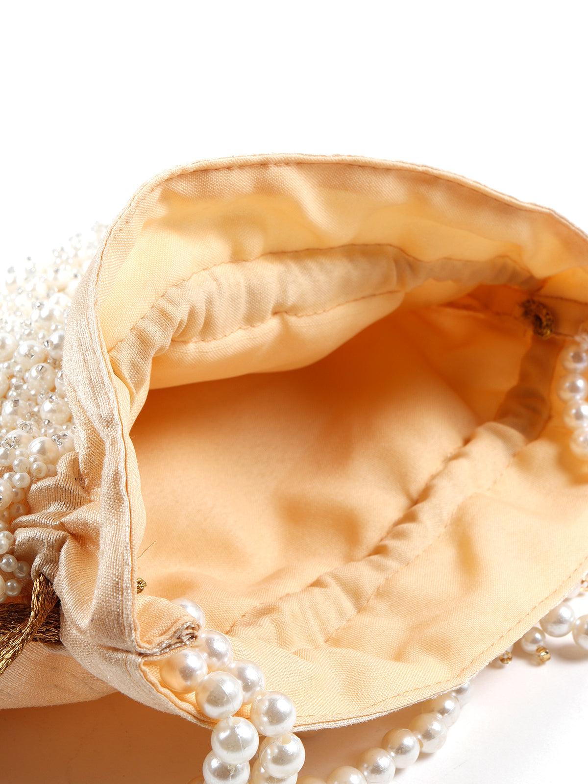 Odette Women Delightful Beige Pearl Potli - Image 4