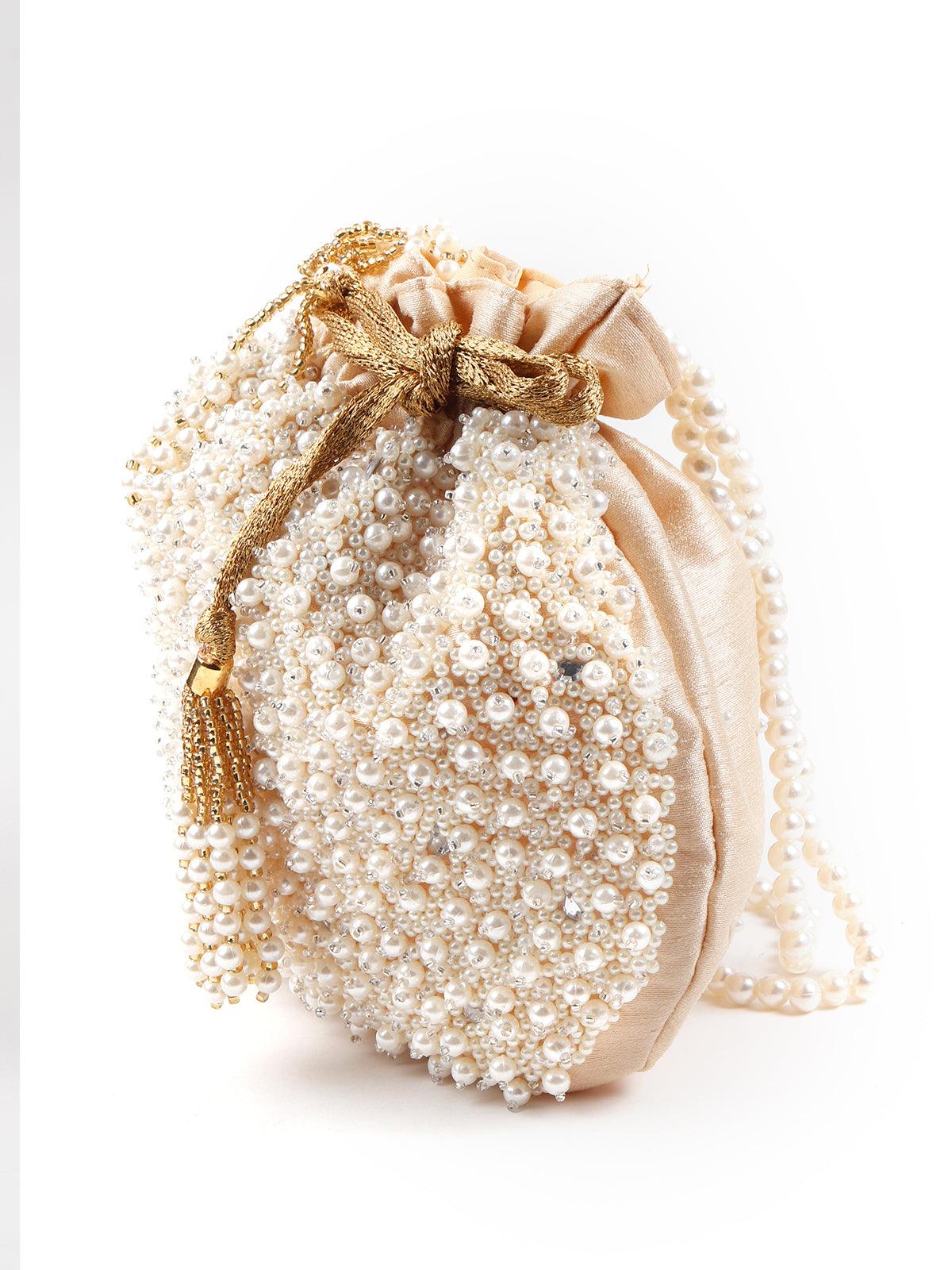 Odette Women Delightful Beige Pearl Potli - Image 6