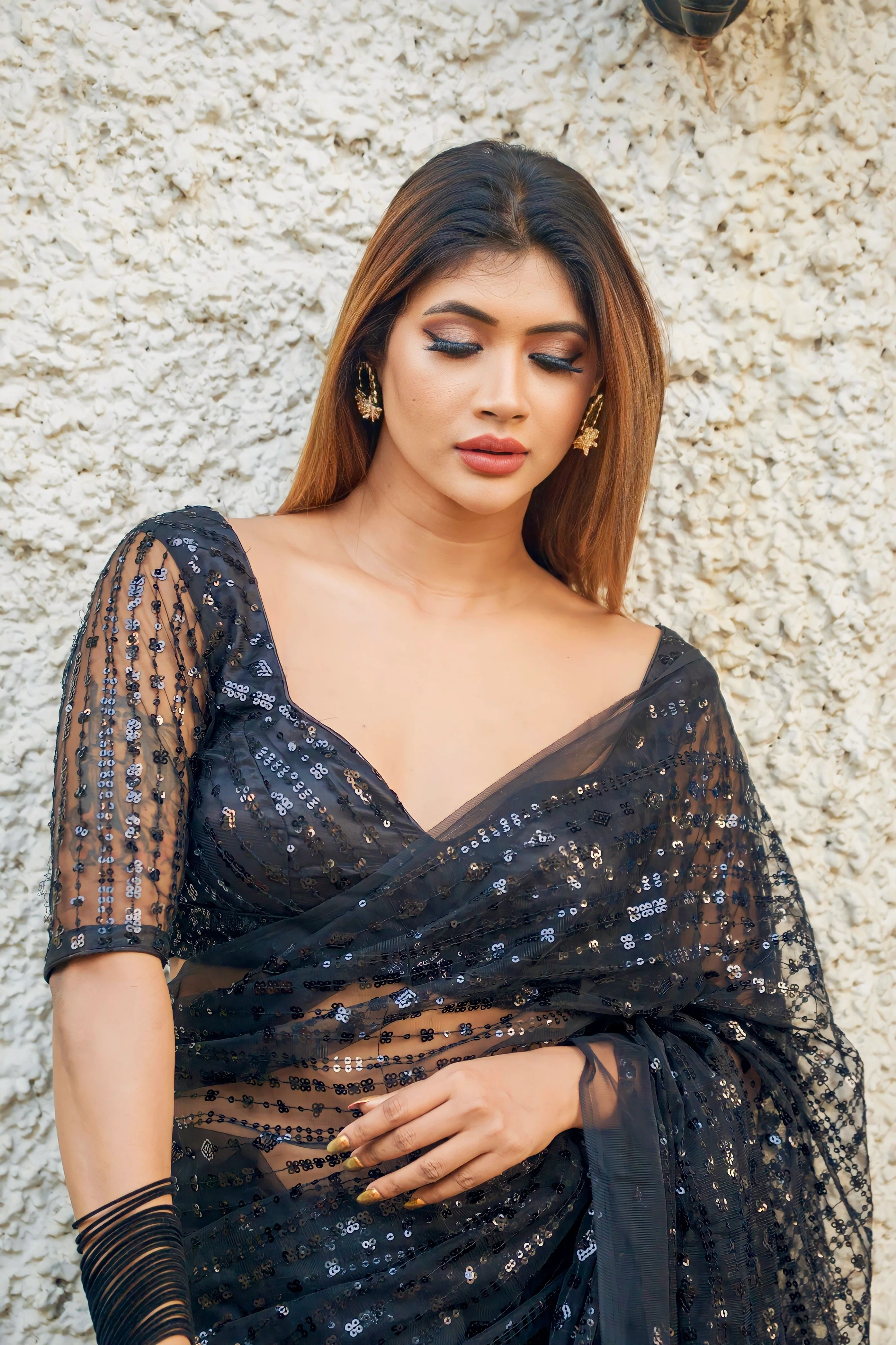 Odette Women Designer Black Sequins Saree With Unstitched Blouse - Image 5