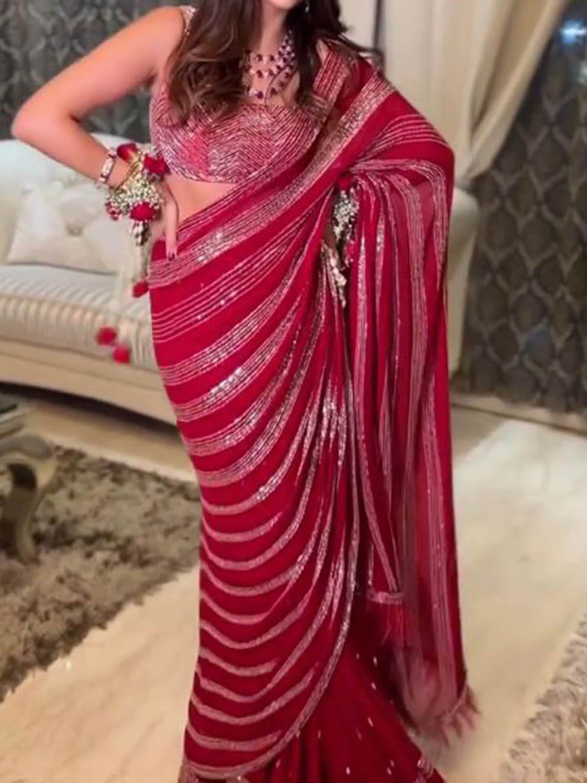 Odette Women Designer Red Sequins Saree With Unstitched Blouse - Image 2