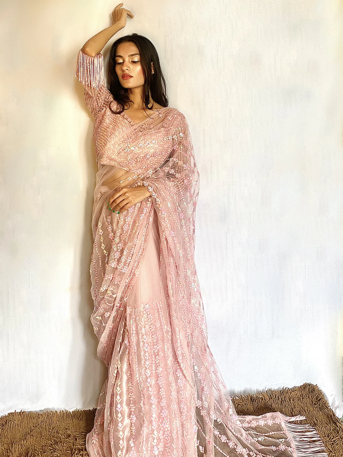 Odette Women Designer Pink Net Sequins Saree With Unstitched Blouse - Image 2