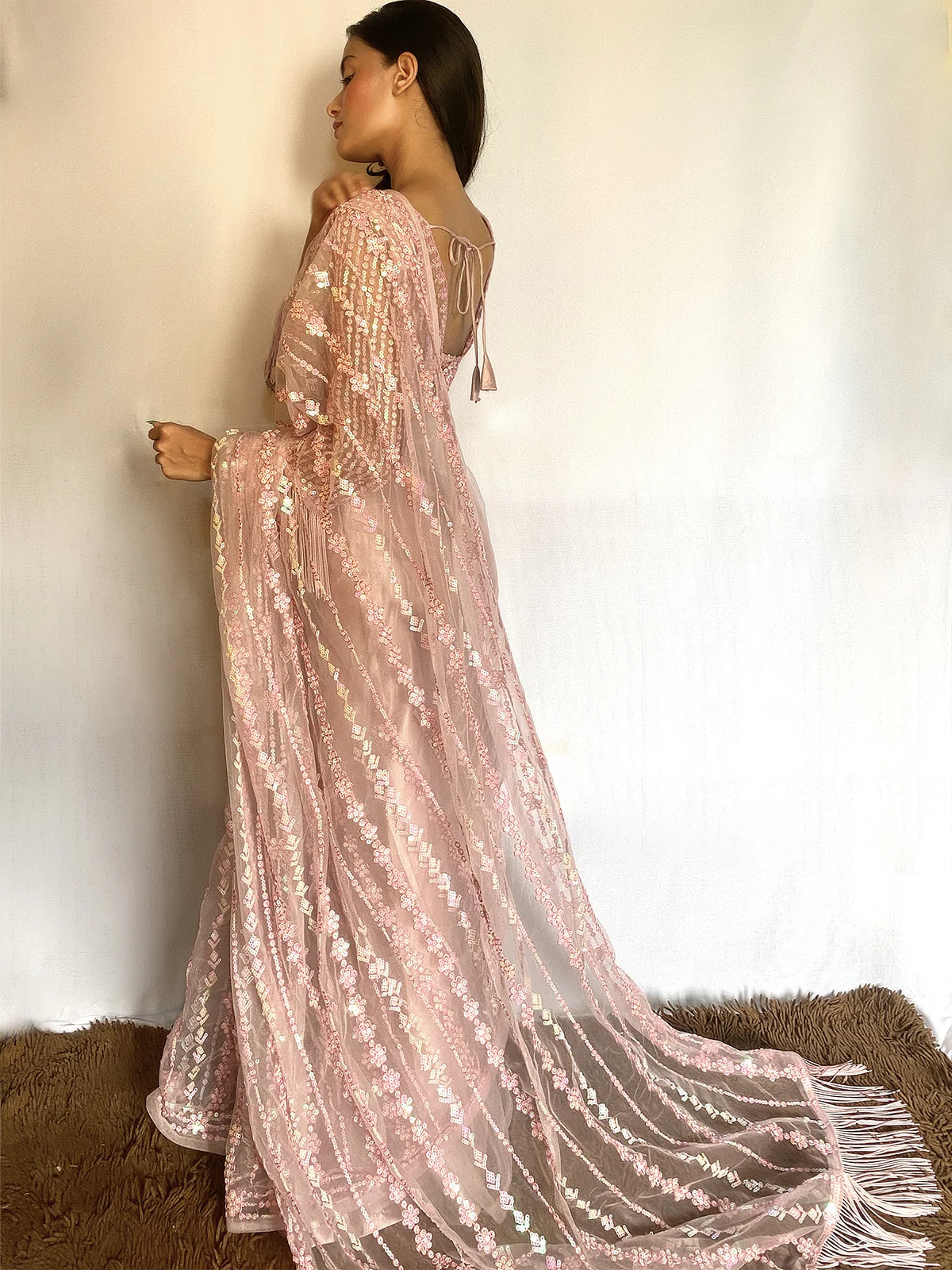 Odette Women Designer Pink Net Sequins Saree With Unstitched Blouse - Image 3
