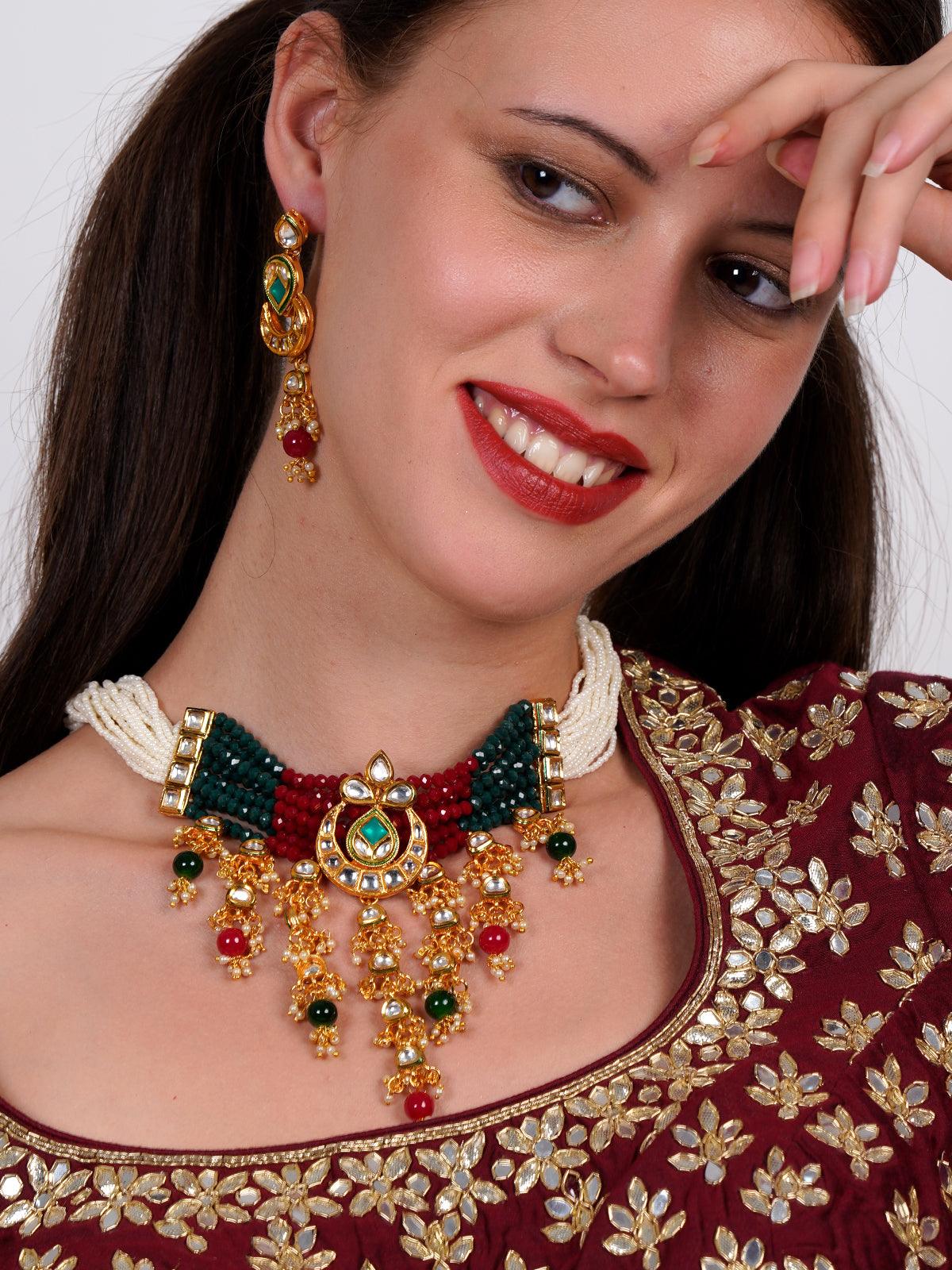 Odette Women Elegant Red-Green Crystal, Pearl, & Kundan Choker With Earrings! - Image 2