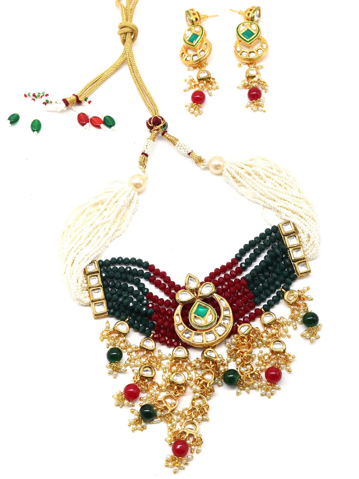Odette Women Elegant Red-Green Crystal, Pearl, & Kundan Choker With Earrings! - Image 4