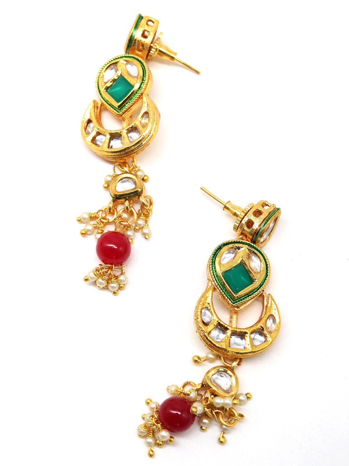 Odette Women Elegant Red-Green Crystal, Pearl, & Kundan Choker With Earrings! - Image 5