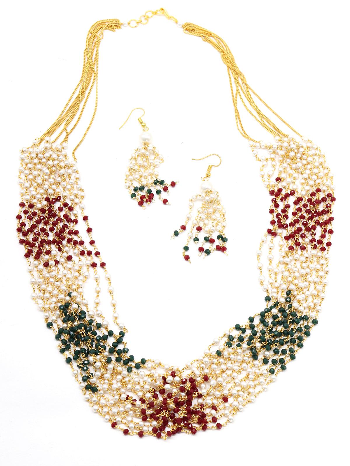 Odette Women Elongated Onyx And Regular And Pearl Semi-Precious Necklace With Earrings - Image 3