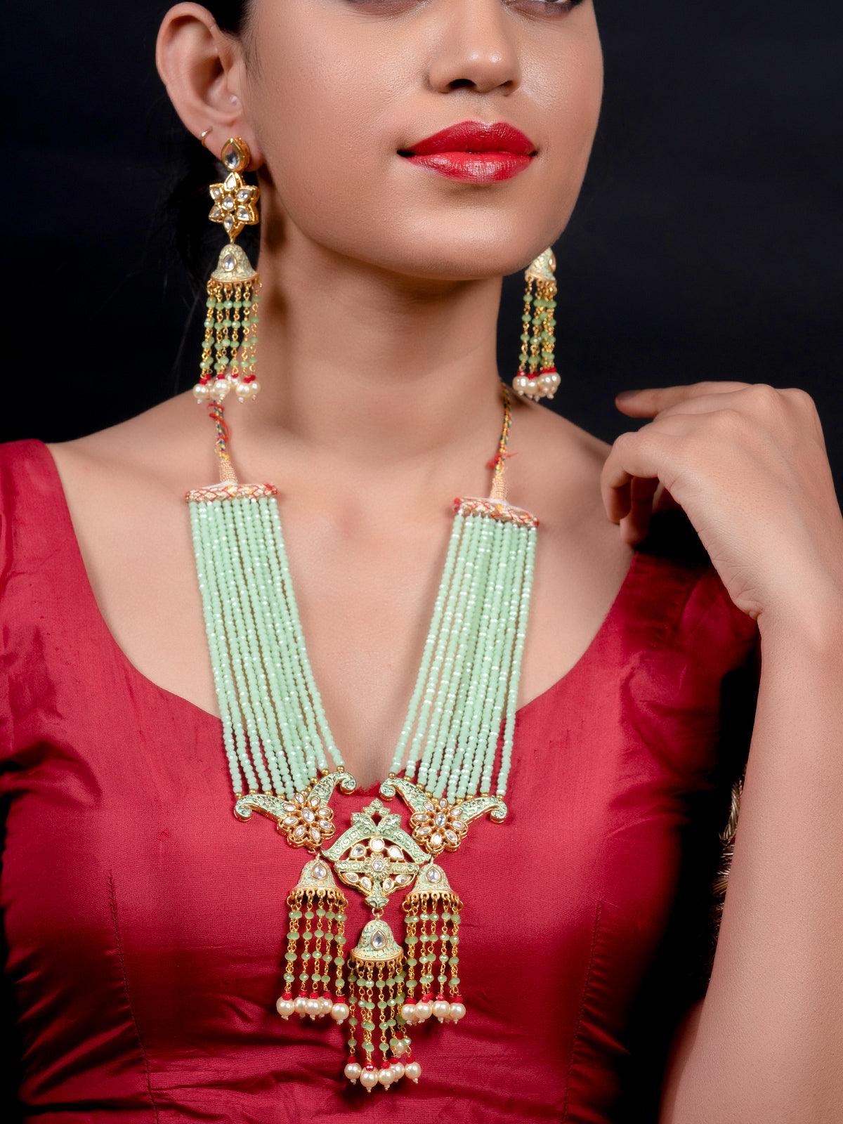 Odette Women Enduring Mint Green Multistring Onyx-Kundan-Pearl Necklace Set - Image 2