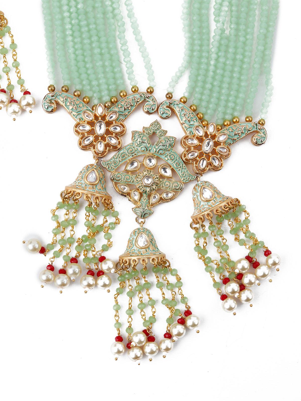 Odette Women Enduring Mint Green Multistring Onyx-Kundan-Pearl Necklace Set - Image 4