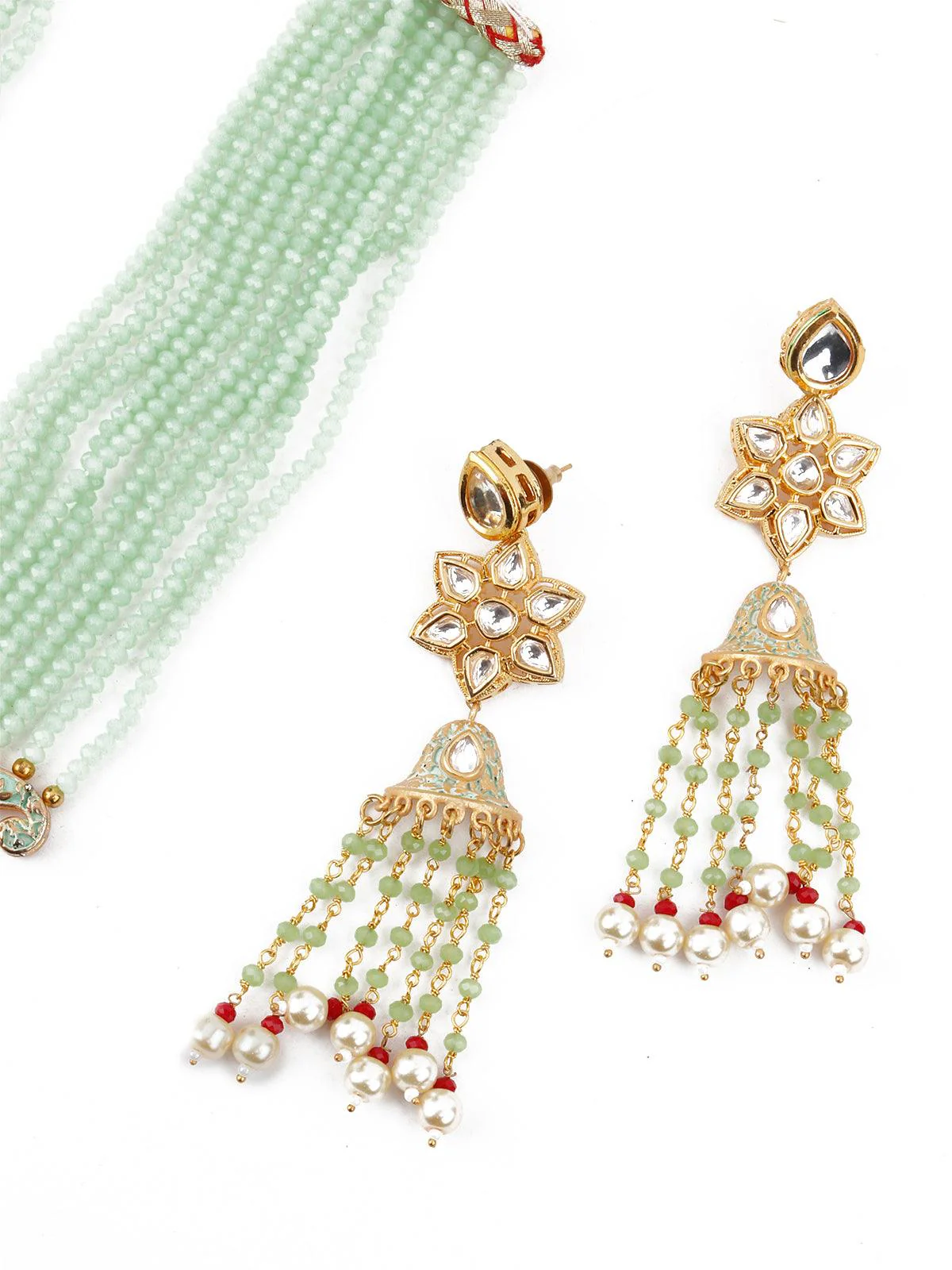 Odette Women Enduring Mint Green Multistring Onyx-Kundan-Pearl Necklace Set - Image 5