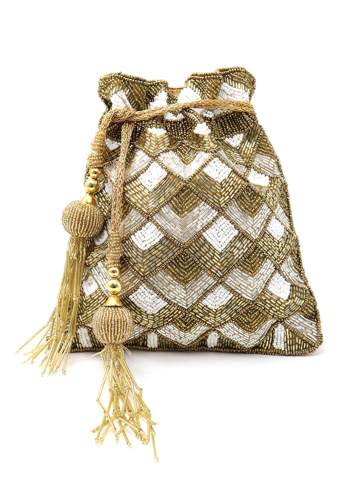 Odette Women Enticing Golden Beaded Potli Handbag - Image 3