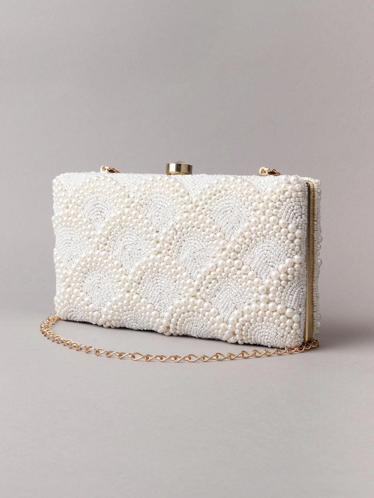 Odette Women Enticing Rectangular White Pearly Clutch! - Image 5