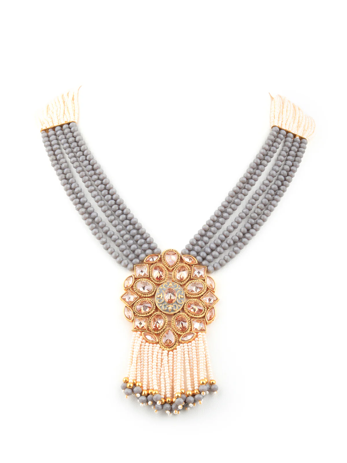 Odette Women Exclusive Grey Beaded Long Necklace Set