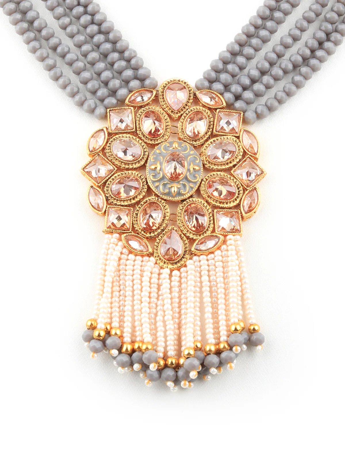 Odette Women Exclusive Grey Beaded Long Necklace Set - Image 3