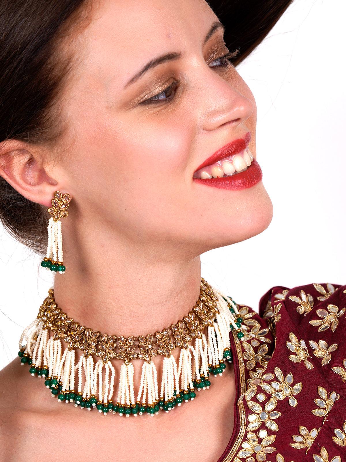 Odette Women Floral Kundan Pearl Choker With Earrings