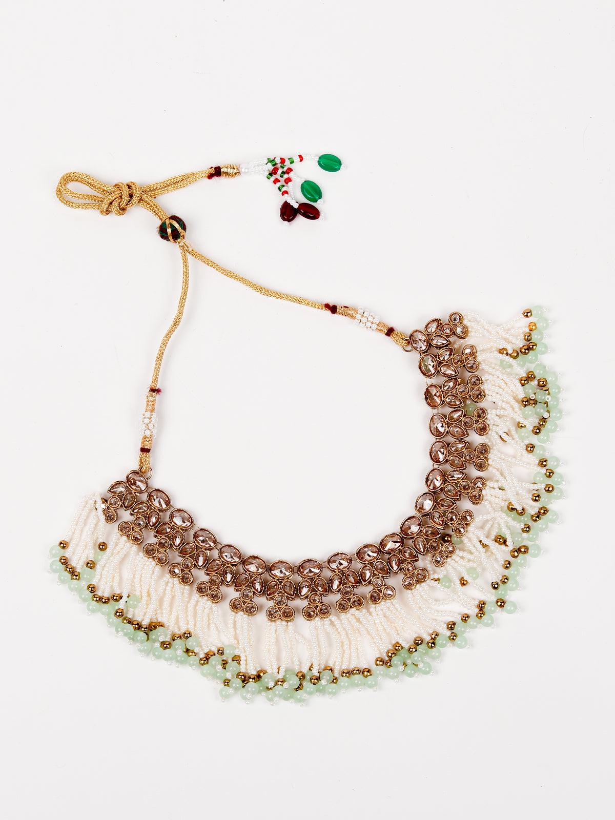 Odette Women Floral Kundan Pearl Choker With Earrings - Image 3