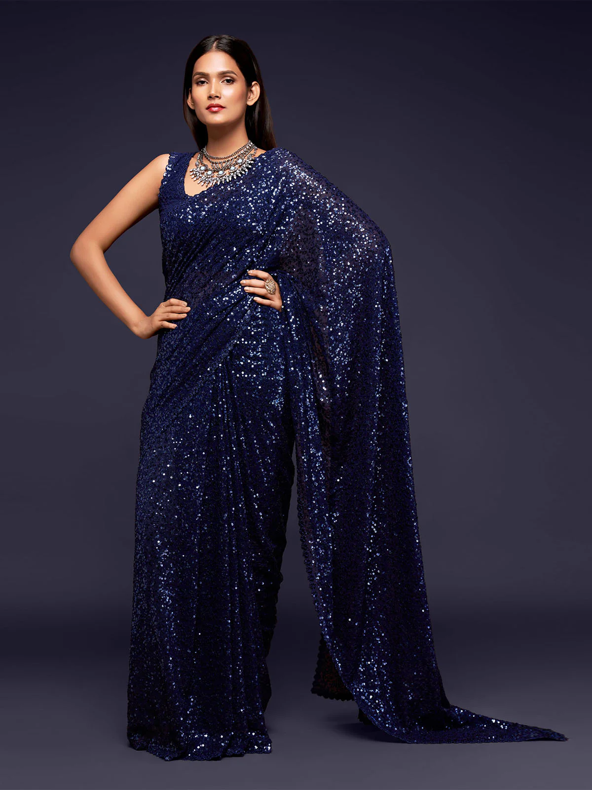 Odette Women Blue Georgette Designer Blue Sequins Saree With Unstitched Blouse