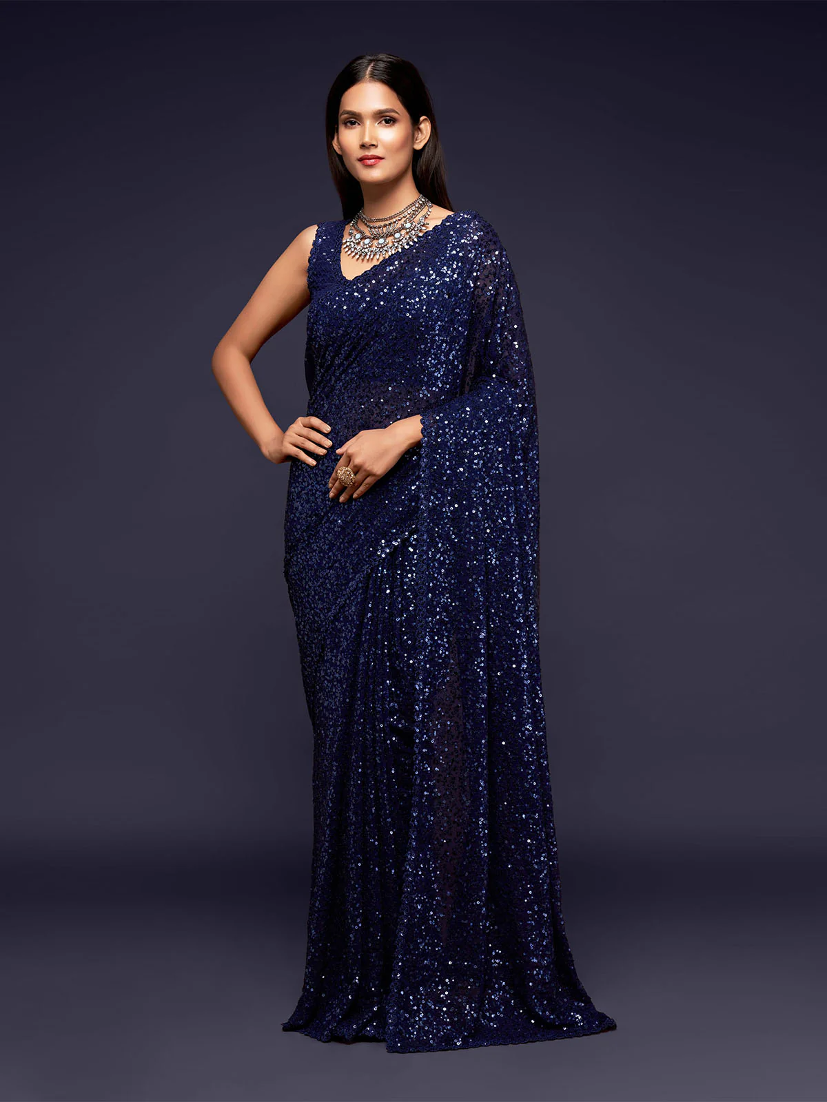 Odette Women Blue Georgette Designer Blue Sequins Saree With Unstitched Blouse - Image 2