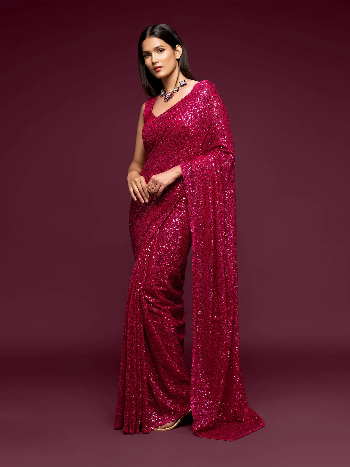 Odette Women Pink Georgette Designer Sequins Saree With Unstitched Blouse - Image 5