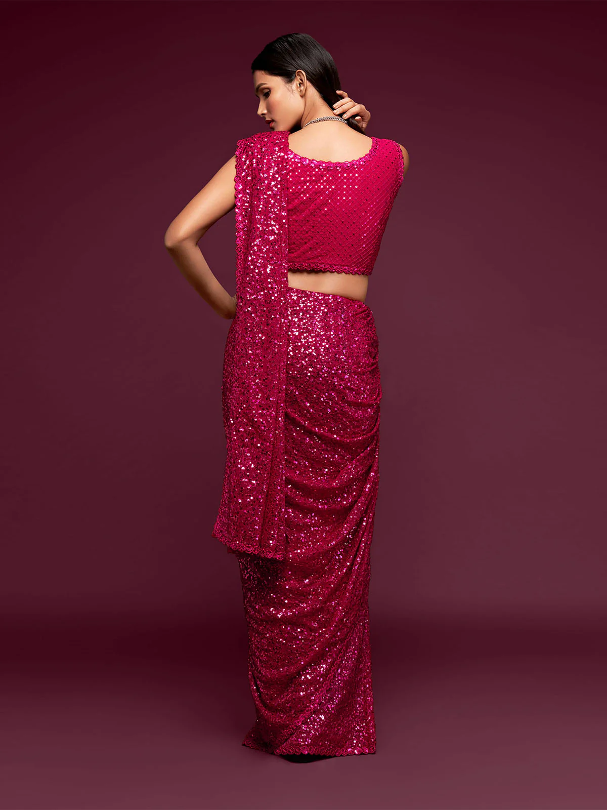 Odette Women Pink Georgette Designer Sequins Saree With Unstitched Blouse - Image 7