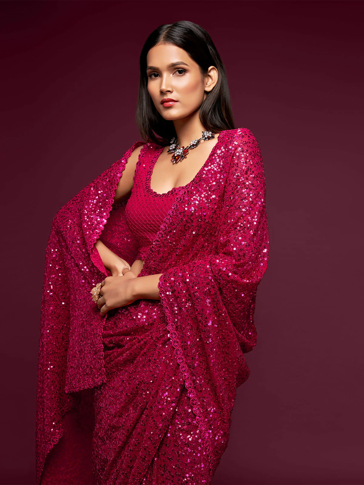 Odette Women Pink Georgette Designer Sequins Saree With Unstitched Blouse - Image 8