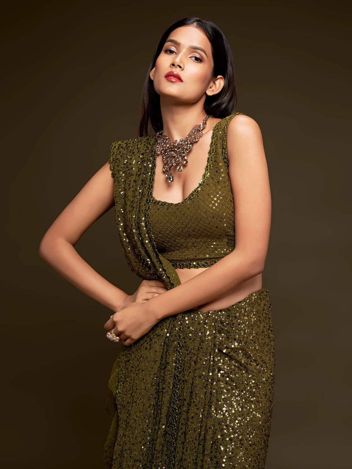 Odette Women Olive Georgette Designer Sequins Saree With Unstitched Blouse - Image 4