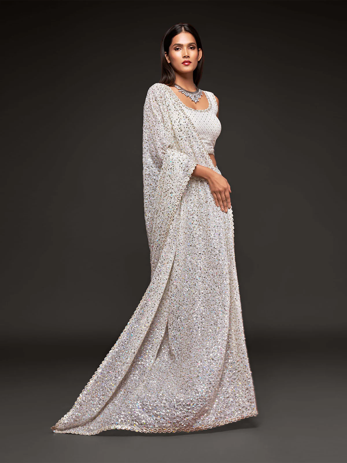 Odette Women White Georgette Designer Sequins Saree With Unstitched Blouse - Image 3