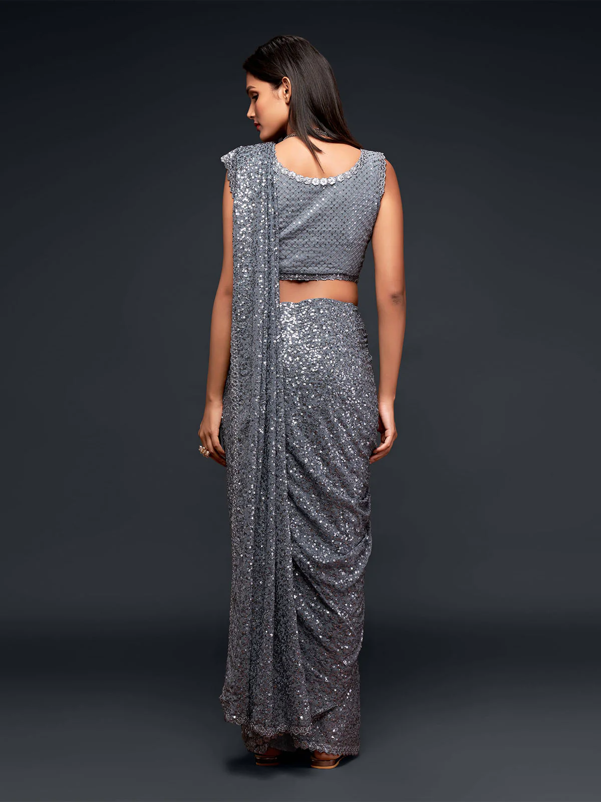 Odette Women Grey Georgette Designer Sequins Saree With Unstitched Blouse - Image 4
