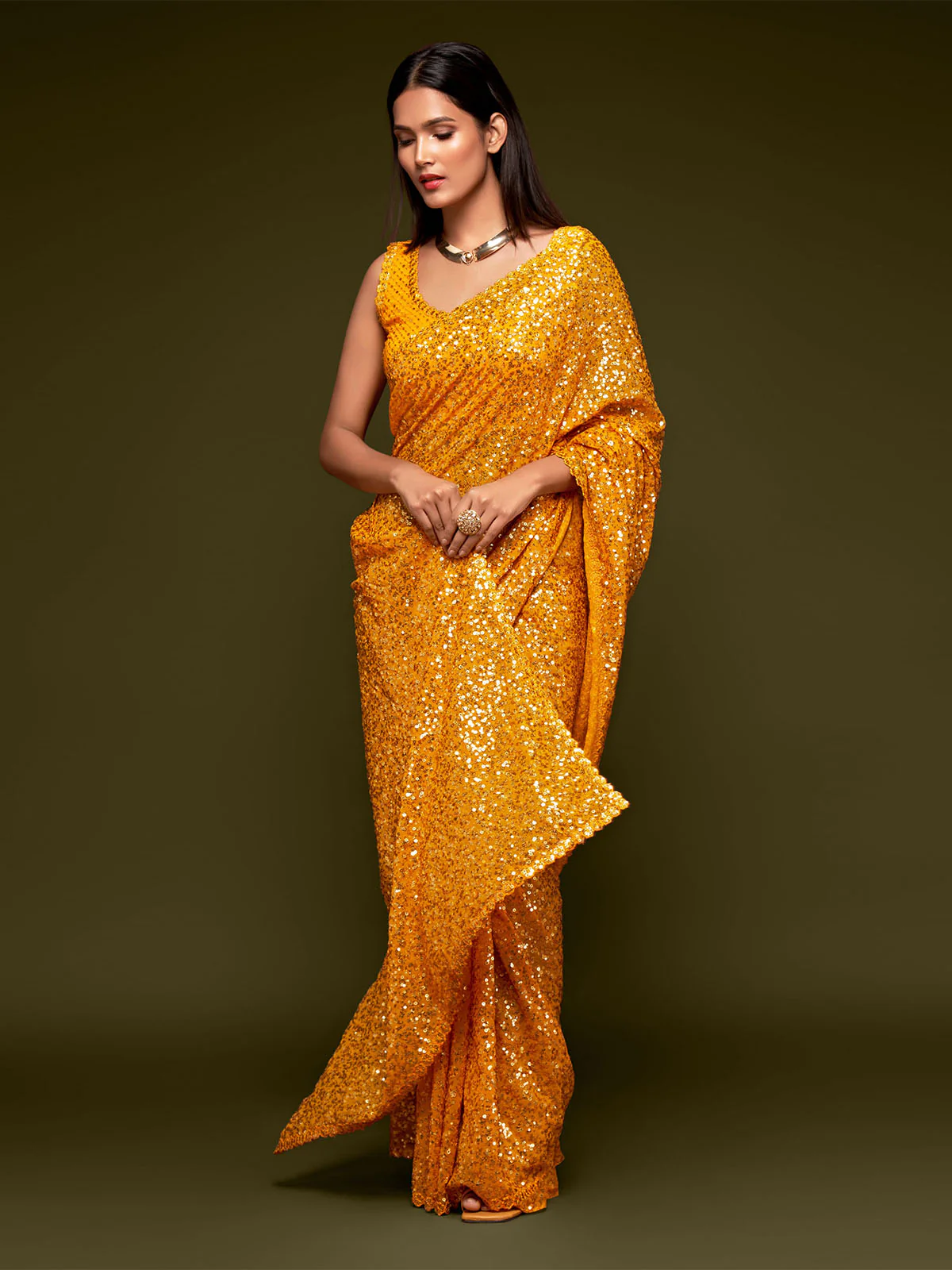 Odette Women Yellow Georgette Designer Sequins Saree With Unstitched Blouse - Image 3