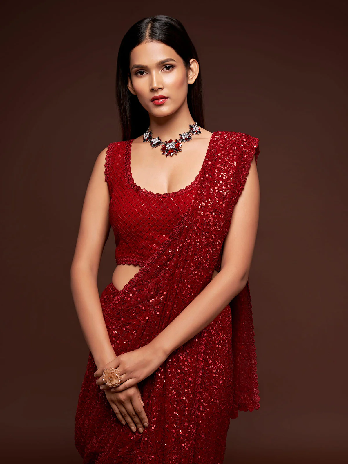 Odette Women Red Georgette Designer Sequins Saree With Unstitched Blouse - Image 4
