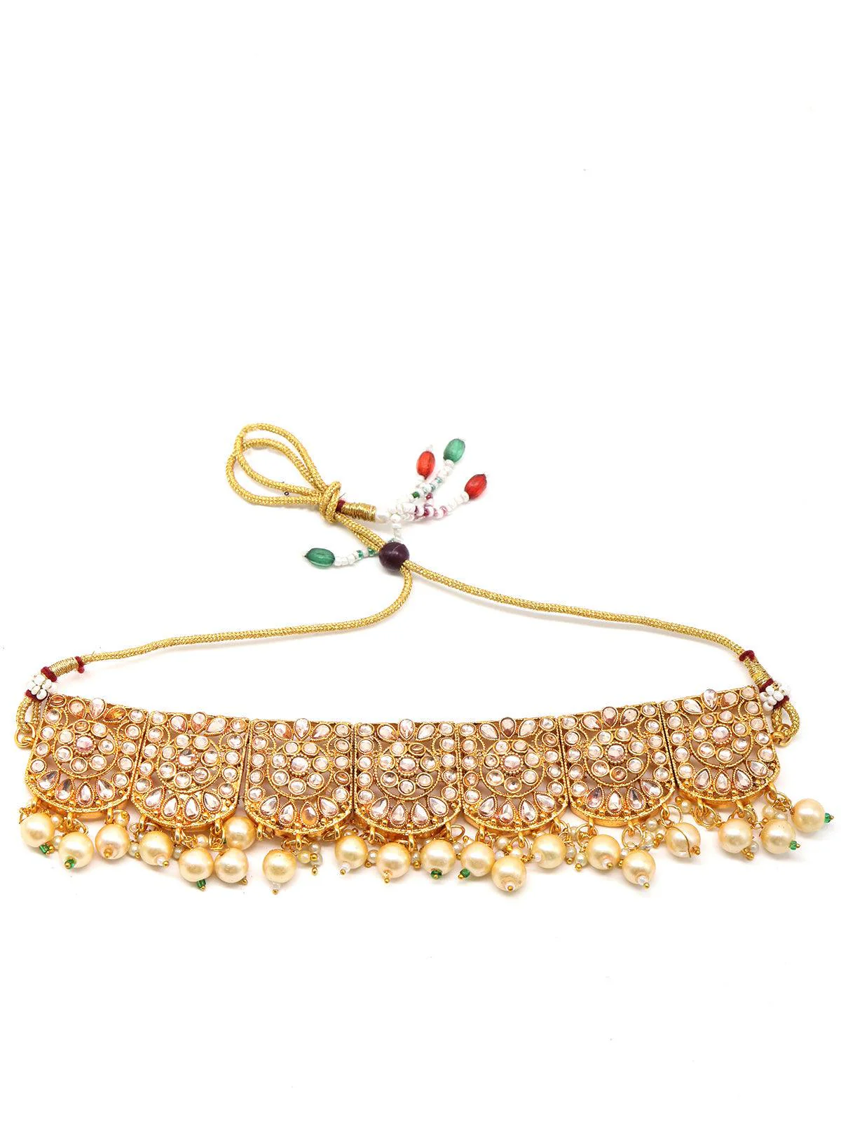 Odette Women Gold Semiprecious Kundan & Pearl Necklace With Earrings & Maang Teeka - Image 3