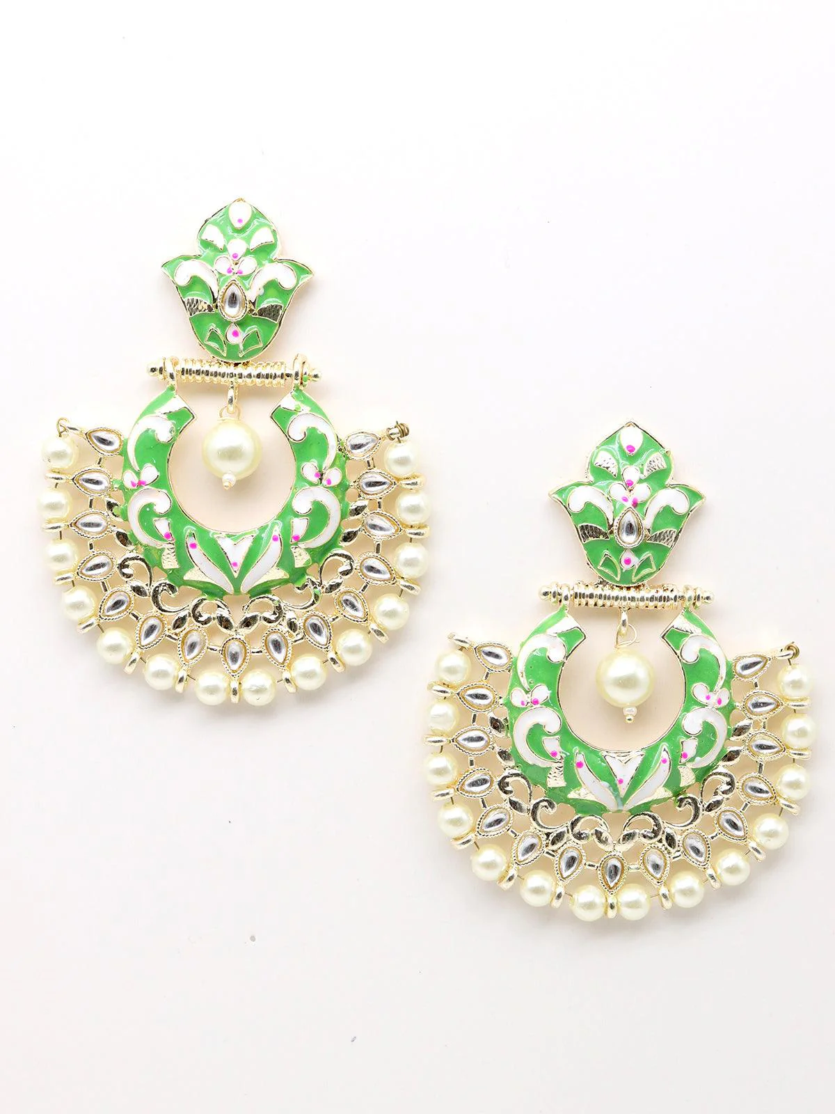 Odette Women Gold Tone Light Green White Tinted Kundan Pearl Dangle Earrings! - Image 3