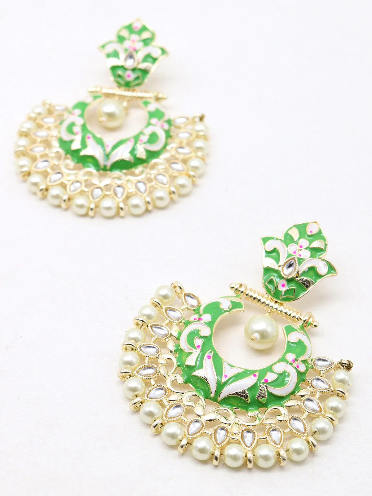 Odette Women Gold Tone Light Green White Tinted Kundan Pearl Dangle Earrings! - Image 4