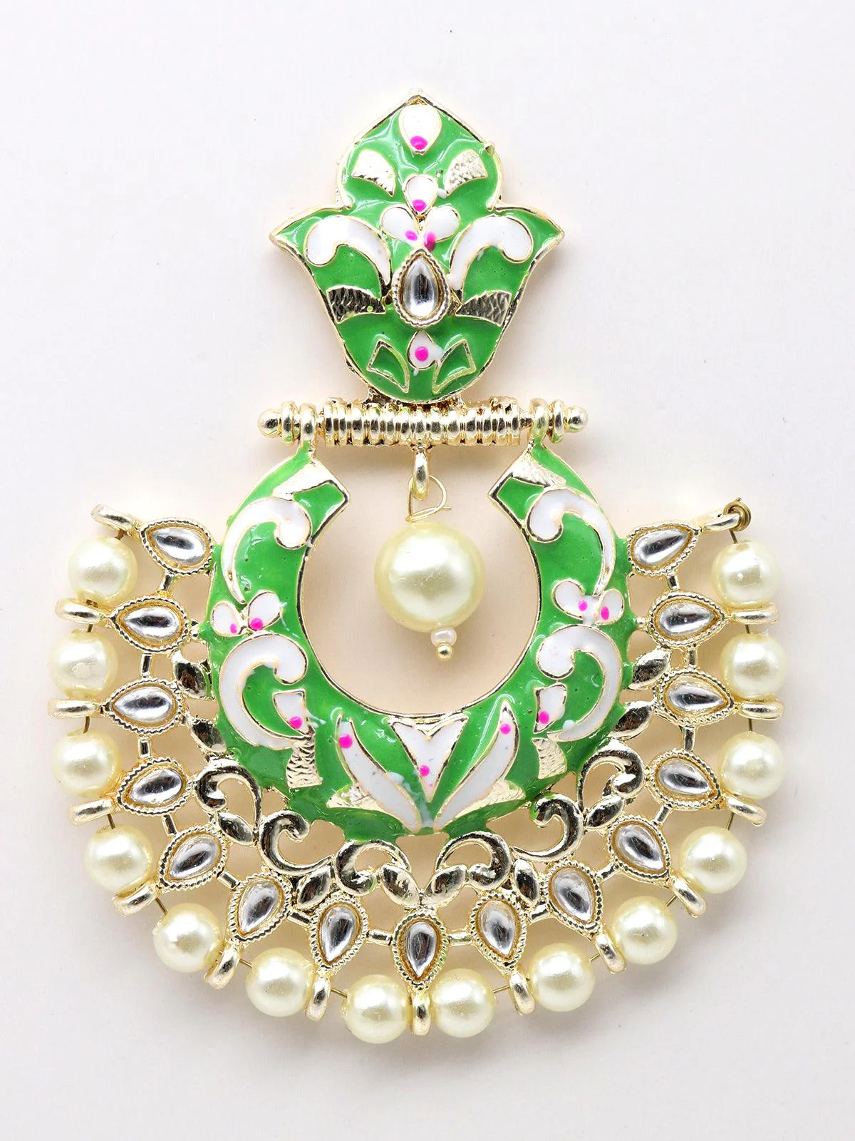 Odette Women Gold Tone Light Green White Tinted Kundan Pearl Dangle Earrings! - Image 5