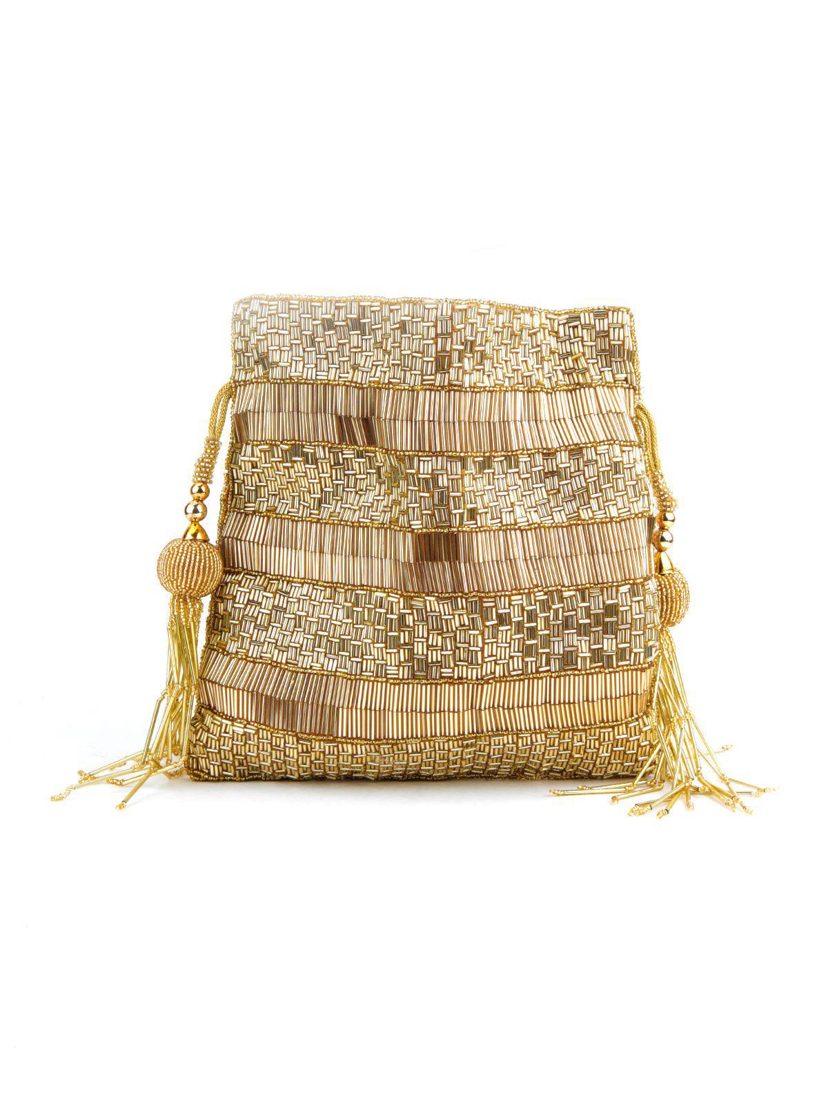 Odette Women Golden Beaded Potli Handbag - Image 3