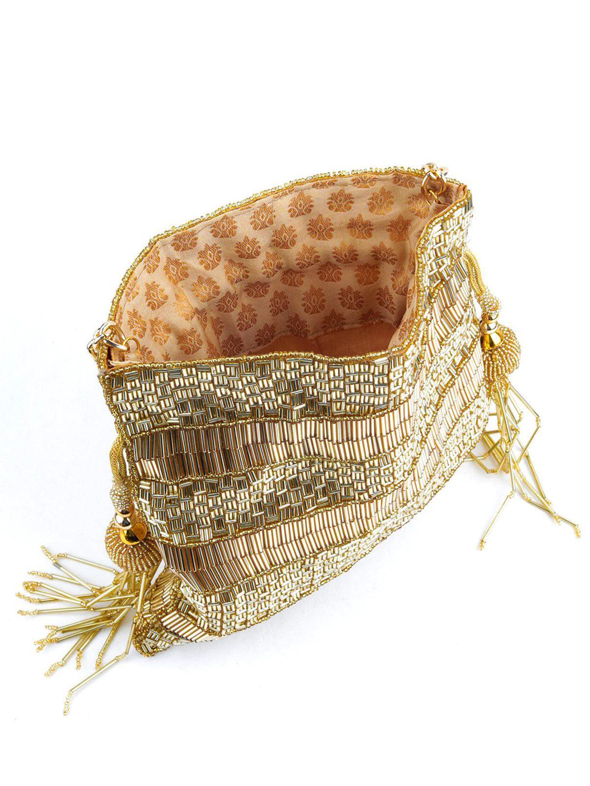 Odette Women Golden Beaded Potli Handbag - Image 4