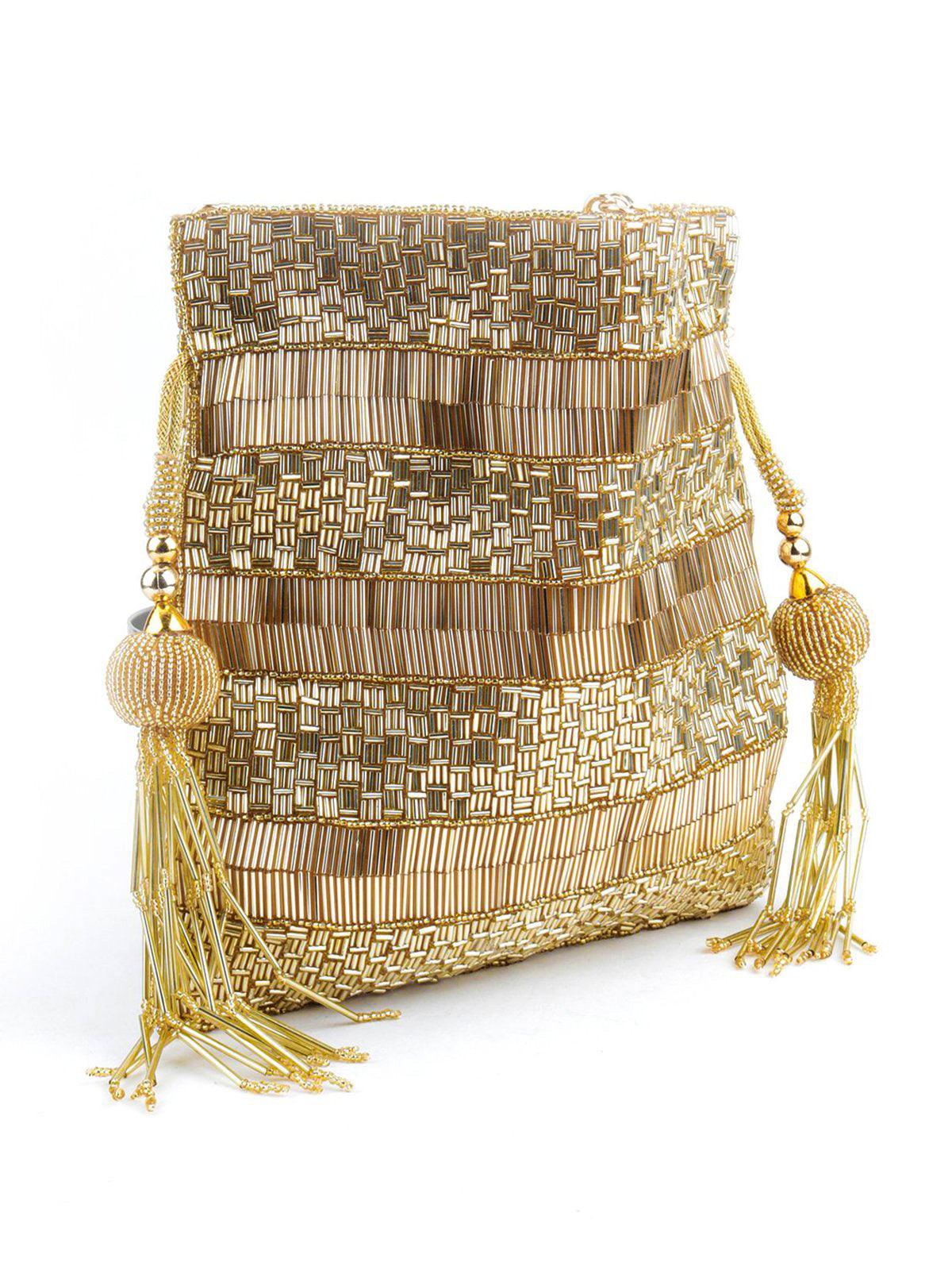 Odette Women Golden Beaded Potli Handbag - Image 5