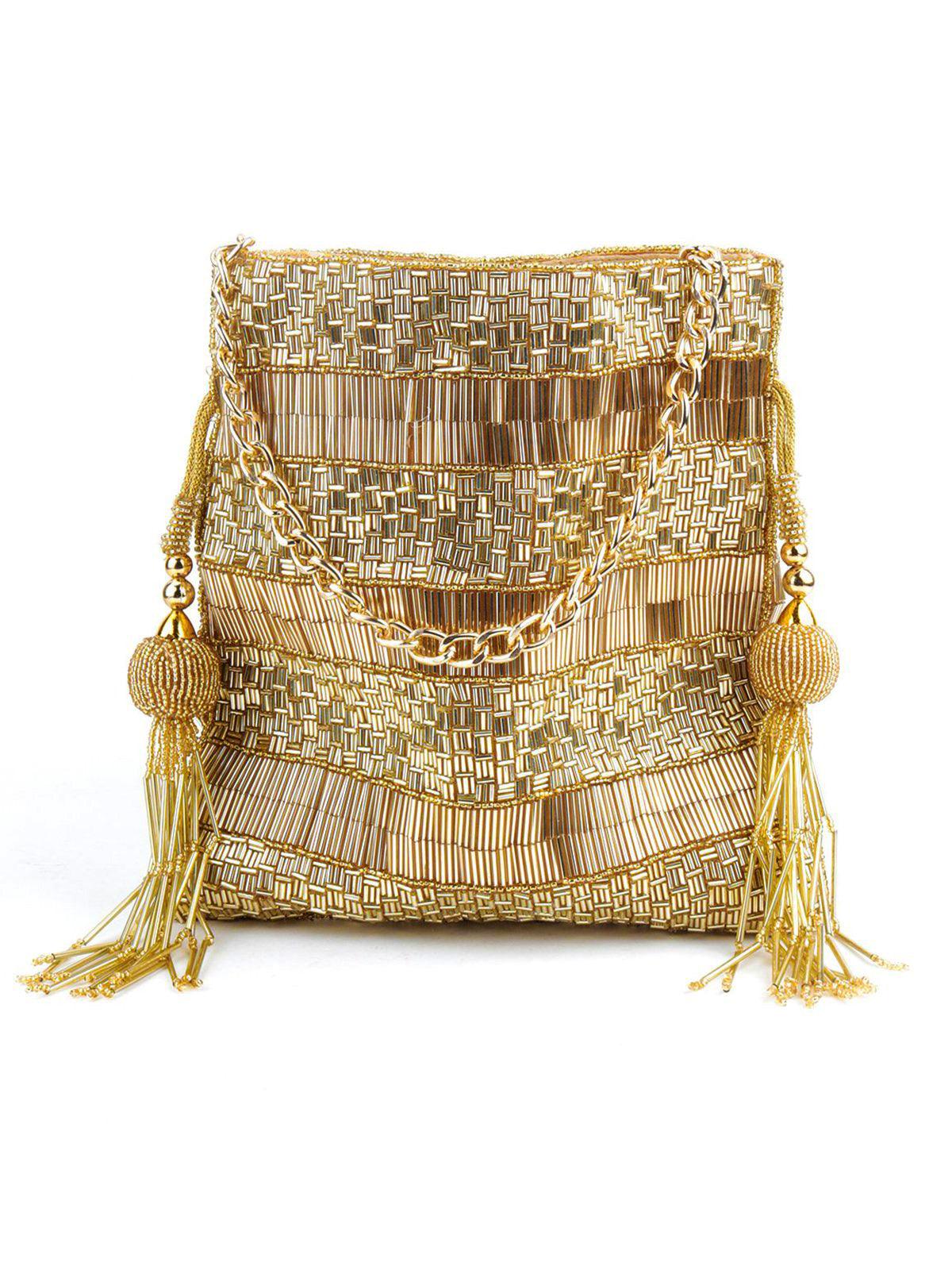 Odette Women Golden Beaded Potli Handbag - Image 6