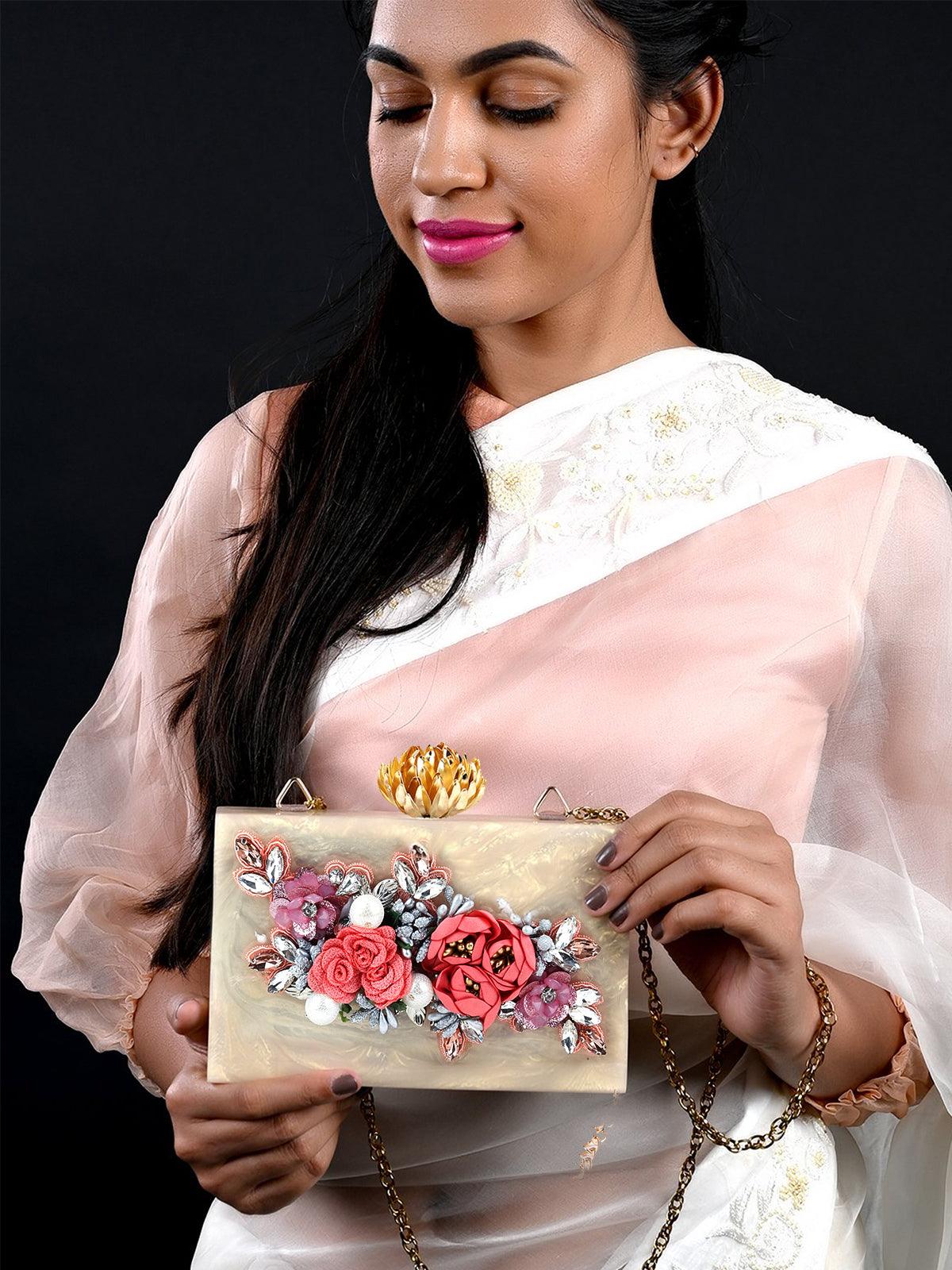Odette Women Golden Resin Embellished Beautiful Box Clutch - Image 2